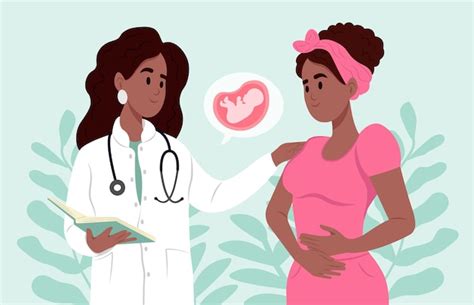 Illustratie van een vriendelijke verloskundige die een zwangere vrouw geruststelt