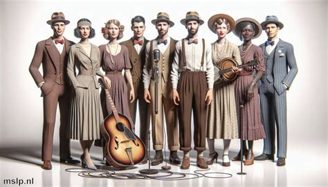 illustratie van muzikanten met gitaren en fanfare-instrumenten in een retro-stijl