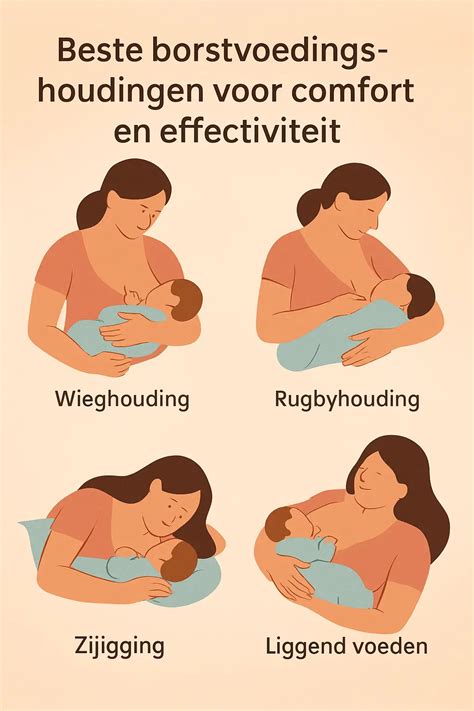 Infographic met verschillende borstvoedingshoudingen (Madonna, Rugby, Laid-back, liggend).