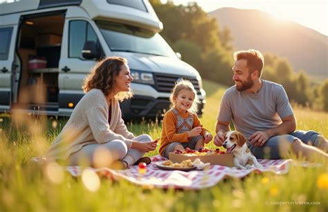 Familie geniet van een picknick naast hun camper