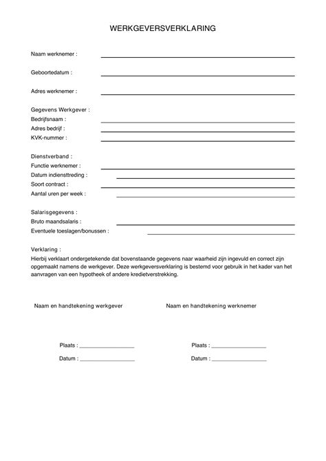Grafische weergave van een werkgeversverklaring met de belangrijkste secties gemarkeerd.