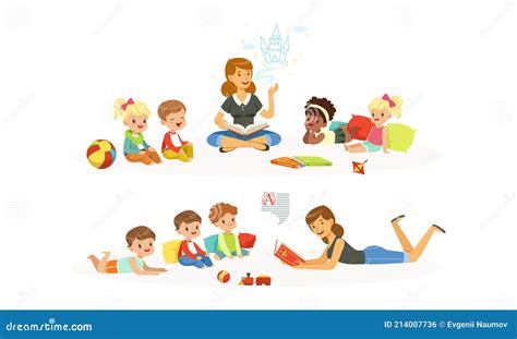 Illustratie van een kind dat vrolijk luistert naar een audioloog in een kleurrijke onderzoekskamer.