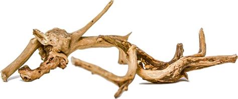 Collage van verschillende toepassingen van drijfhout: in een aquarium, als decoratie in een terrarium en als onderdeel van een meubelstuk.