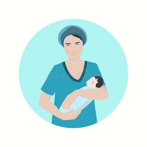 Illustratie van een vroedvrouw die een pasgeboren baby onderzoekt