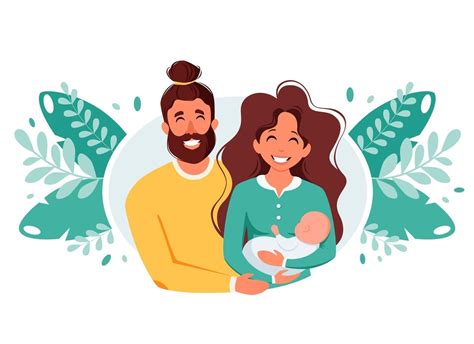 Illustratie van een gelukkig gezin met een pasgeboren baby, symbool voor de zorg van 't Nest.