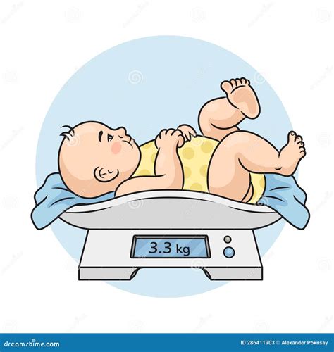 Illustratie van een pasgeboren baby die wordt gewogen.