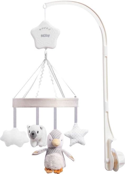 Illustratie van de Infantino muziekmobiel bevestigd aan een babybedje met draaiende figuurtjes.