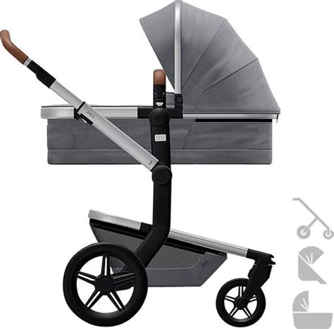 Schema van een Joolz kinderwagen met adapter en baby autostoeltje, die een 3-in-1 reissysteem vormen