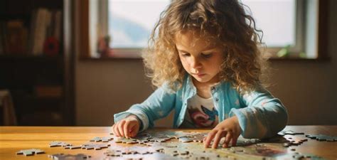 Illustratie van een kind dat een puzzel maakt, met icoontjes voor motoriek, taal en emotie