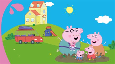 Een kindje verkleed als Peppa Pig met een rugzak en paraplu