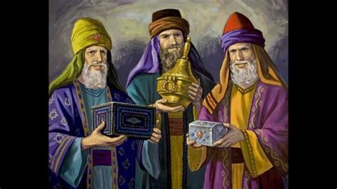 De drie wijzen uit het oosten die geschenken brengen aan het kindje Jezus.