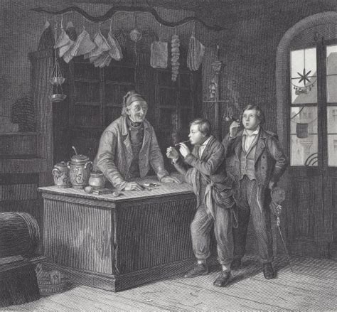 Gravure uit ca. 1850 die een 'Herberg om te roken' afbeeldt, met pijp- en tabaksverkoop.