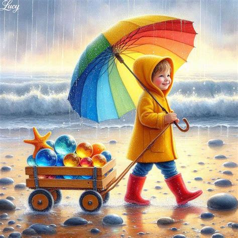 Een baby draagt een vrolijk gekleurde regenjas en laarsjes