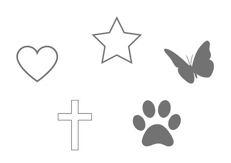 Illustratie van verschillende symbolen gebruikt op rouwkaarten, zoals een kruisje, sterretje, hartje en vlinder.