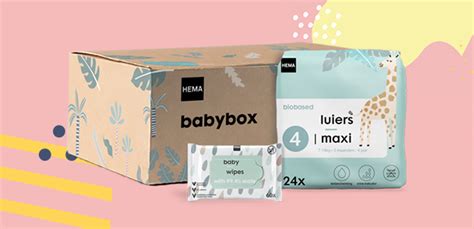 Overzicht van de HEMA babybox met luiers en babydoekjes.