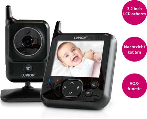 Schematische weergave van de Luvion Easy babyfoon met afmetingen en belangrijkste functies