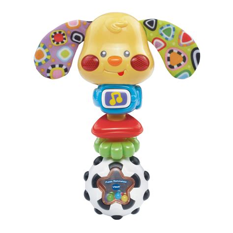 close-up van een zachte VTech rammelaar met diverse texturen en bijtringen