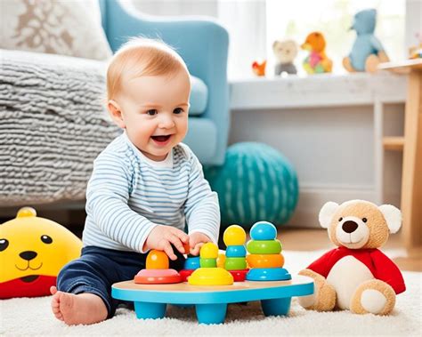 Een baby die veilig speelt met divers houten speelgoed.