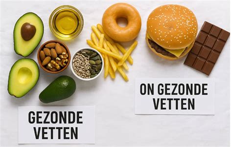 Visuele weergave van verschillende bronnen van gezonde vetten, zoals noten, vis en avocado.
