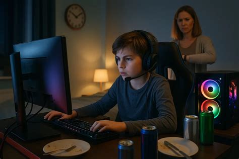 Een kind dat geconcentreerd zit in een gamestoel, omringd door gamingaccessoires.