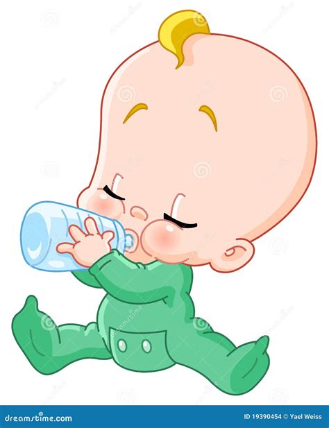 Illustratie van een baby die vrolijk een flesje babyvoeding drinkt.