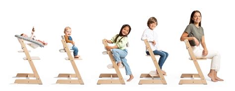 Illustratie van de Stokke Tripp Trapp kinderstoel in verschillende levensfasen.