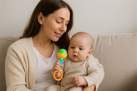 Baby die met interesse naar een rammelaar kijkt