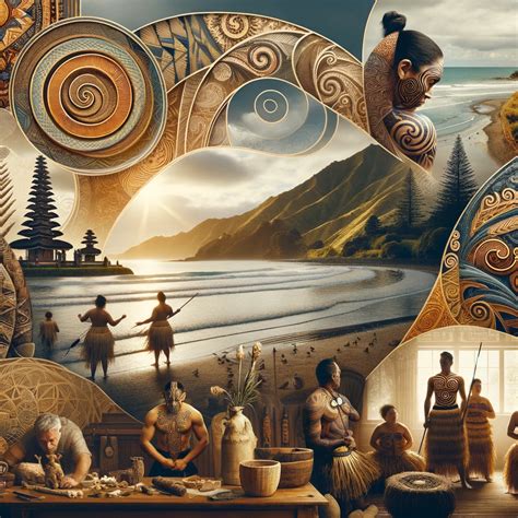 Collage van diverse Maori kunstwerken, symbolen en patronen
