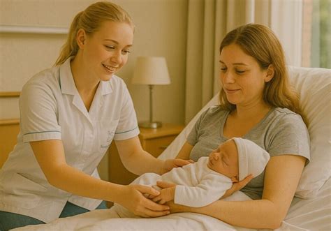 Illustratie van een kraamverzorgster die zorg verleent aan een moeder en baby.