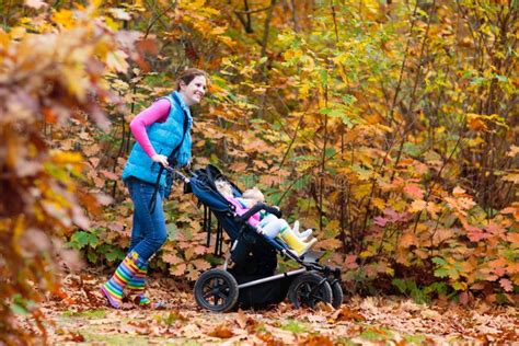 Familie wandelt met een kinderwagen in een bosrijke omgeving