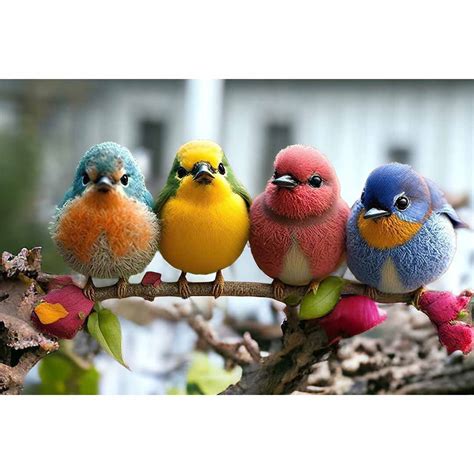 Handafdrukken van kinderen, omgevormd tot gekleurde vogeltjes met wiebelogen en snavels.