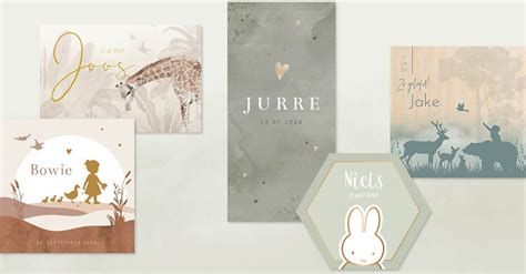 Een collage van verschillende stijlen geboortekaartjes die als inspiratie dienen voor gepersonaliseerde cadeaus.
