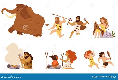 Illustratie van een prehistorische mens die een baby draagt.
