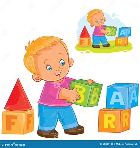 Illustratie van een 2-jarige peuter die met diverse soorten speelgoed speelt, zoals blokken, een bal en een boekje.