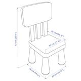 Infographic met de afmetingen van de IKEA MAMMUT kinderstoel.