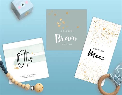 Collage van verschillende geboortekaartjes met diverse stijlen: lief, stoer, hip, met foto, zonder foto.