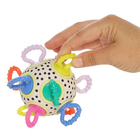 Een kleurrijke Click Clack Colorpop met zachte, draaiende handvatten en een centrale bal met kraaltjes.