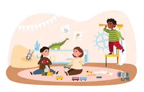 Interieur van een lichte en ruime groep met educatief speelgoed en kinderen die spelen