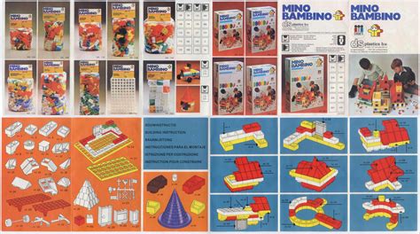 Collage van Bambino bouwstenen en verpakkingen uit de jaren '60, inclusief voorbeelden van folders en advertenties