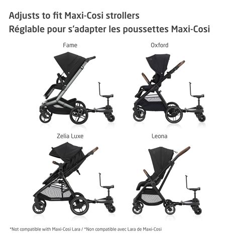 Illustratie van het Maxi-Cosi Hop-on board bevestigd aan een kinderwagen met een peuter erop.