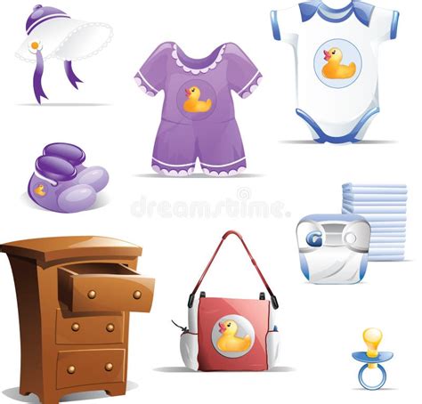 Illustratie van diverse babykledingstukken en accessoires, waaronder rompertjes, mutsen, sokken en fopspeenkettingen.