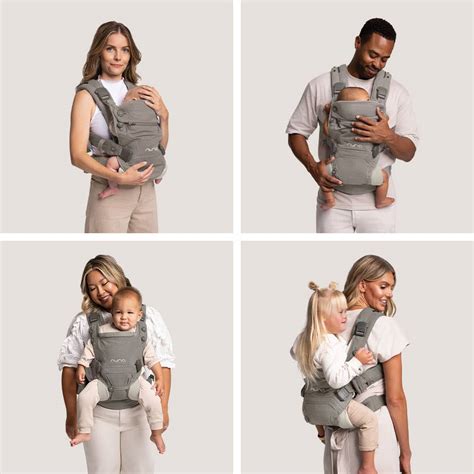 Illustratie van de Nuna Cudl draagzak met een baby erin, die verschillende draagposities toont.