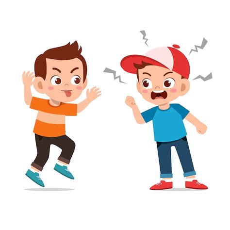 illustratie van twee kinderen die ruzie maken, met op de achtergrond een gezin