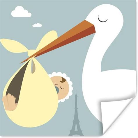 Illustratie van een ooievaar die een baby in een doek draagt