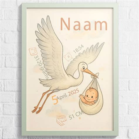 Geboortetegel met ooievaar en baby, gepersonaliseerd met naam en geboortedatum