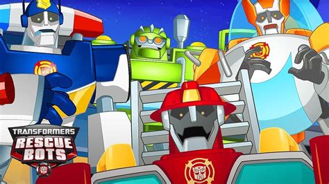 Een illustratie van de Rescue Bots die uit de top van Mount Magma ontsnappen na hun ondergrondse avontuur.