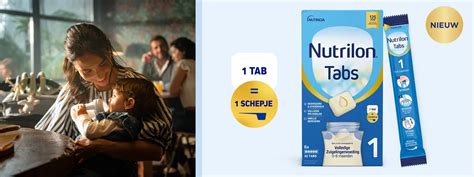 Afbeelding van Nutrilon Tabs verpakking en de tabs zelf.