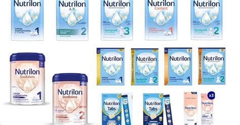 Afbeelding van verschillende Nutrilon producten voor diverse leeftijden.