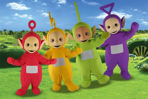Illustratie van de vier Teletubbies in Teletubbieland met hun huis.