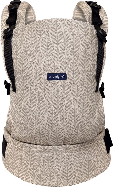 Gedetailleerde foto van de Zaffiro draagzak, met aandacht voor de materialen en gespen